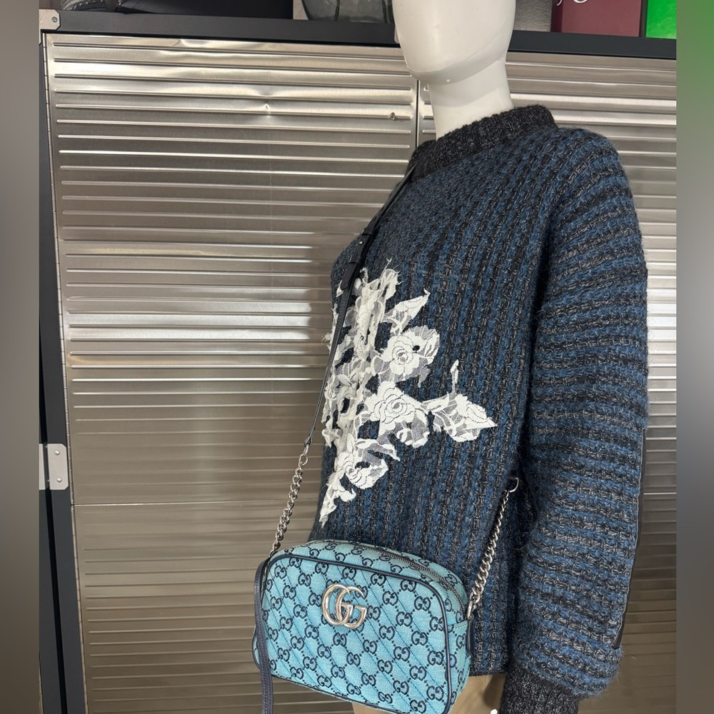 Gucci Monogram Blue Matelasse Diagonal Small GG Marmont Chain Shoulder Bag - Picture 15 of 16